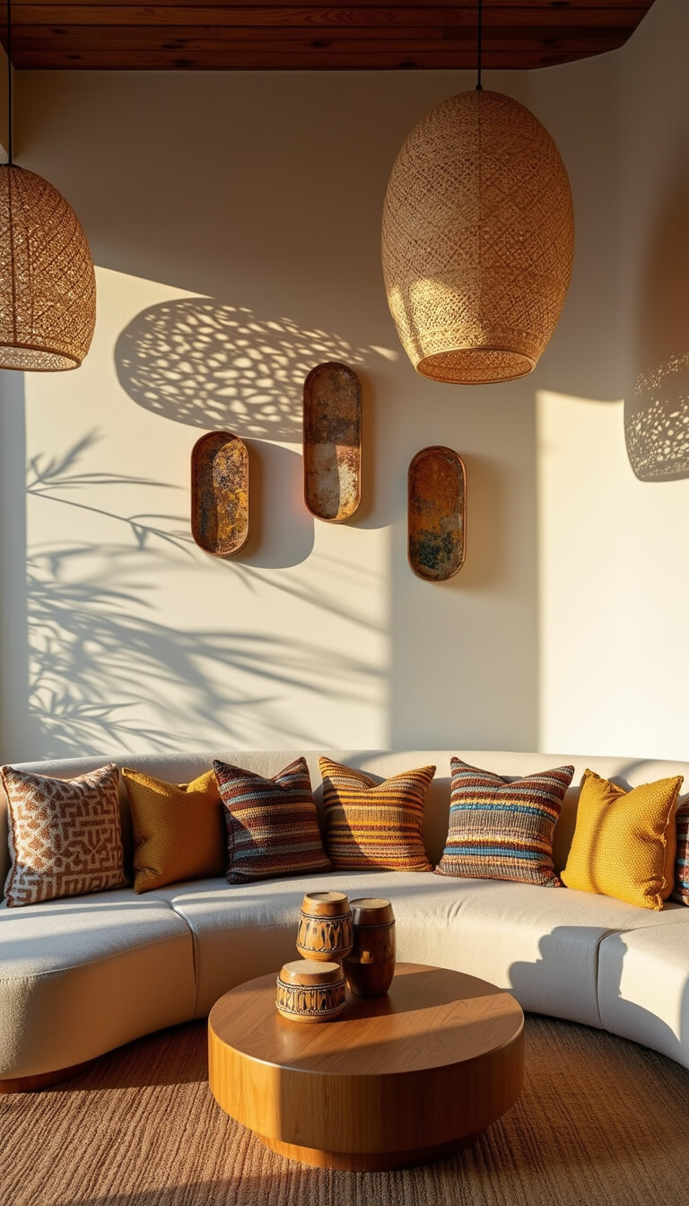 Cozy 16x20ft gathering room with cream bouclé sectional, mud cloth and Kente pillows, tribal drum coffee table, and woven pendant lights casting warm shadows.