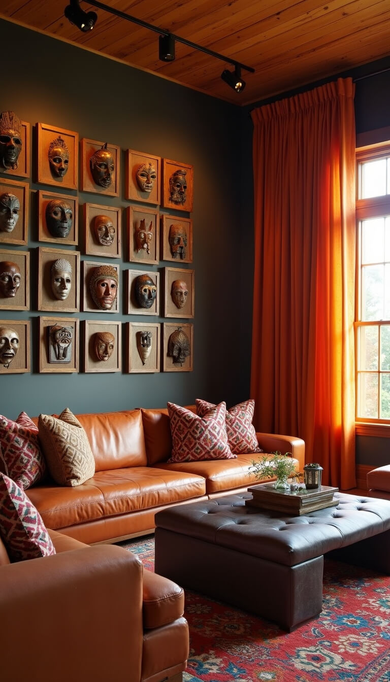 Sunset-lit 20x22ft living room with floor-to-ceiling burnt orange curtains, track-lit gallery wall of masks, low-profile cognac leather seating, and jewel-toned geometric pillows.