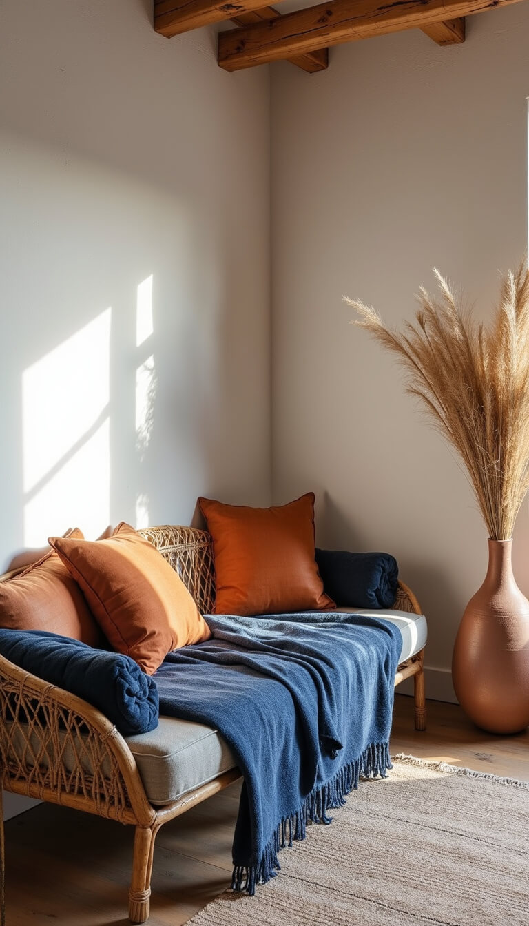 Serene 18x20ft room at dawn with whitewashed walls, vintage earth-tone textiles, rattan daybed with indigo throws and copper pillows, and grouped ceramic vessels in morning light.