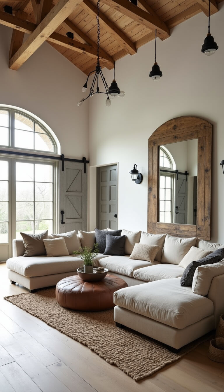 Open-concept living room with 12ft ceilings, exposed beams, whitewashed oak floors, oatmeal linen sectional, textured accents, and morning light streaming through tall windows.