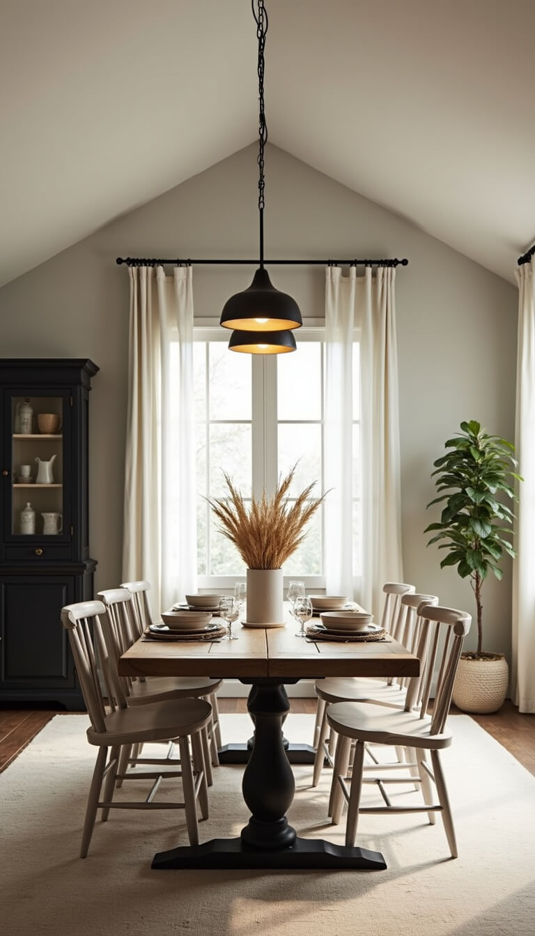 Cozy modern farmhouse dining room with vaulted ceiling, black steel chandelier, 8ft reclaimed oak table, mismatched white chairs, sheer linen curtains, and golden afternoon light.