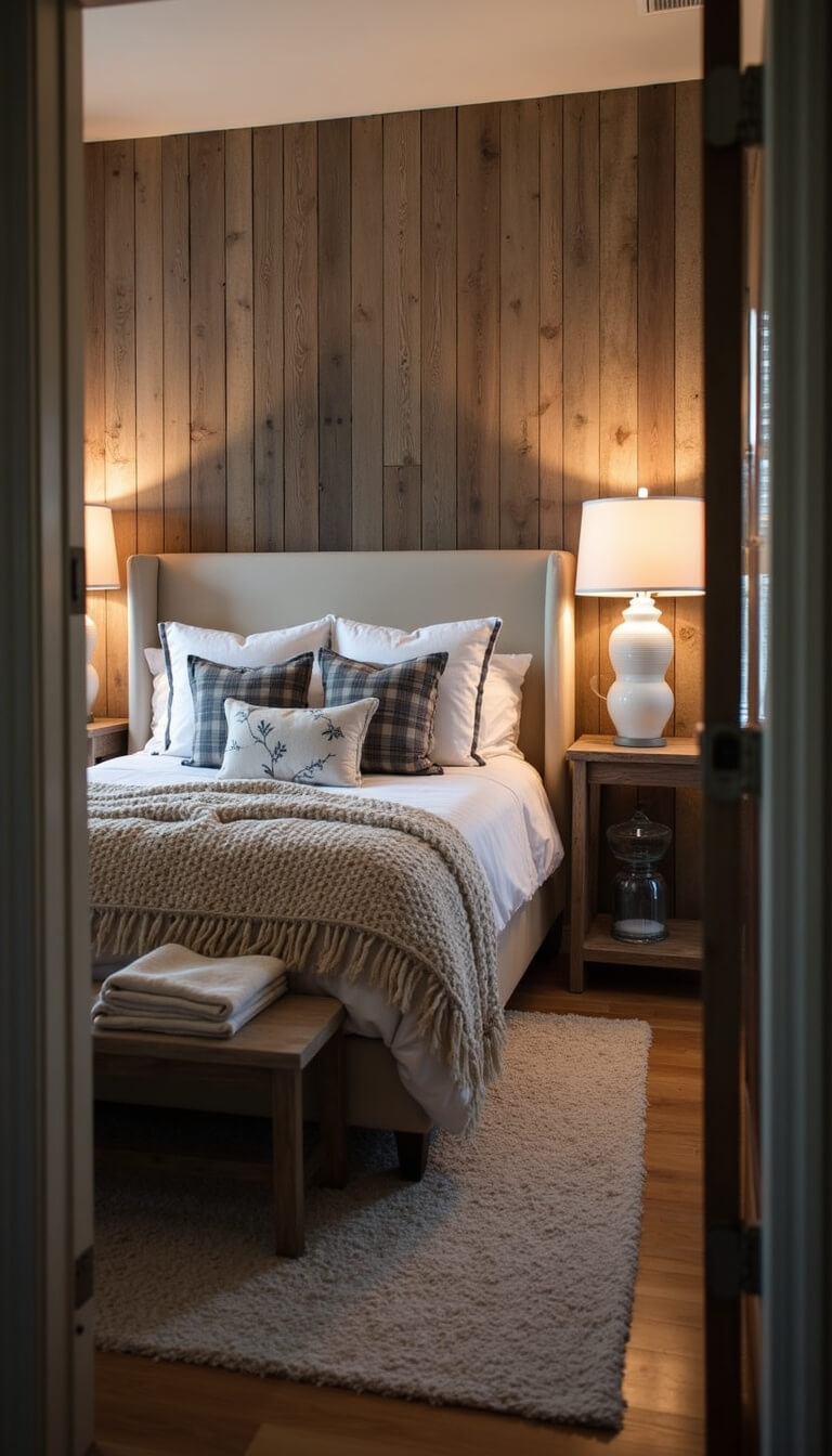 Cozy 12x14ft master bedroom with barn wood accent wall, upholstered wingback bed, layered neutral bedding, vintage blanket ladder, and warm twilight lighting.