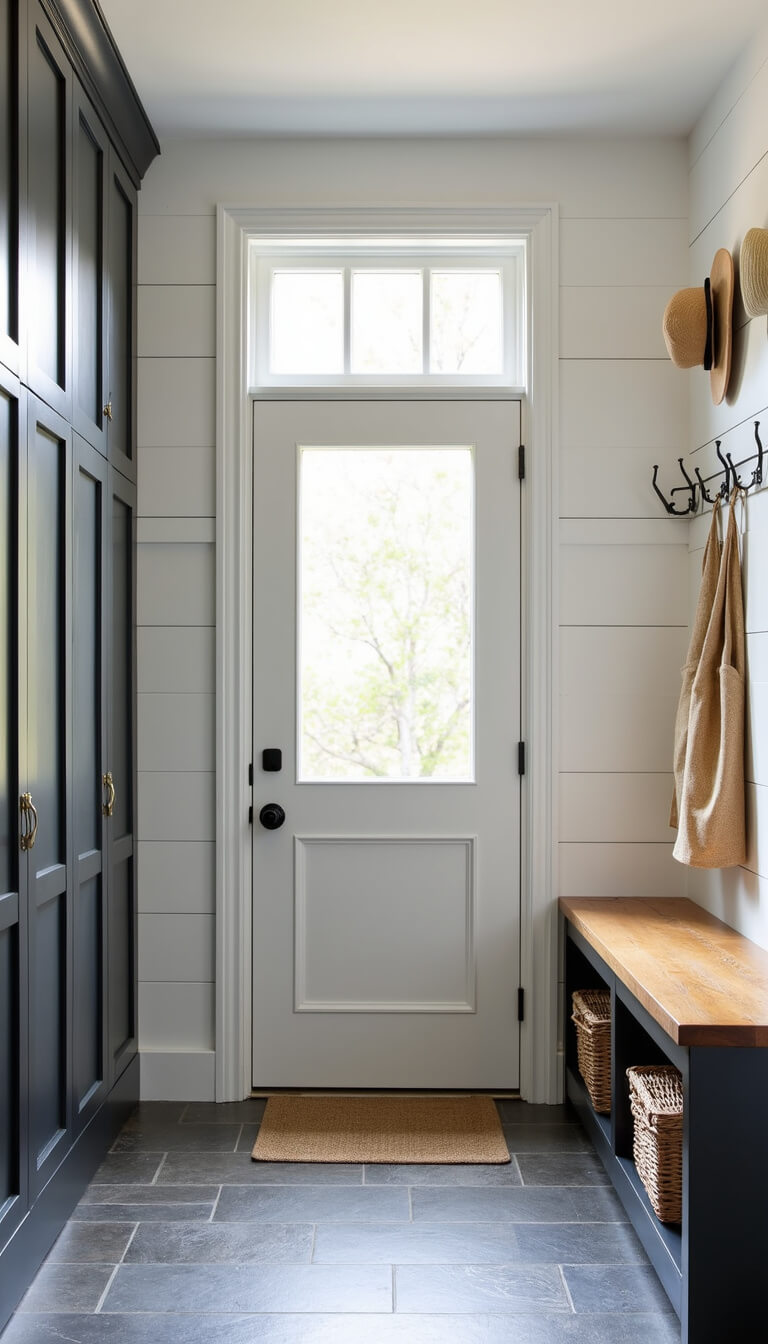 Bright mudroom with charcoal built-in storage, shiplap walls, herringbone slate floor, reclaimed wood bench, vintage decor, and morning light through transom window.