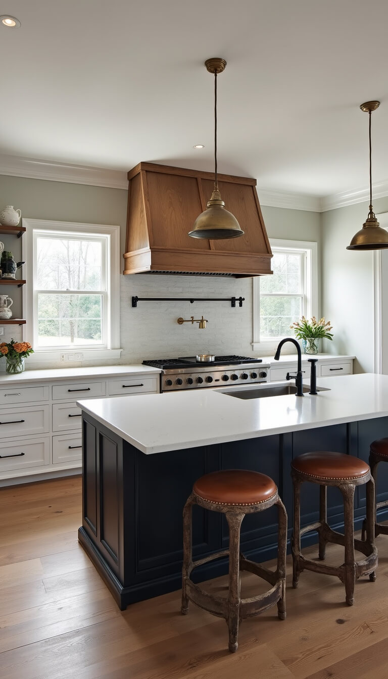 Modern farmhouse kitchen with soapstone island, white shaker cabinets, black metal shelves, vintage leather stools, and brass pendant lights.