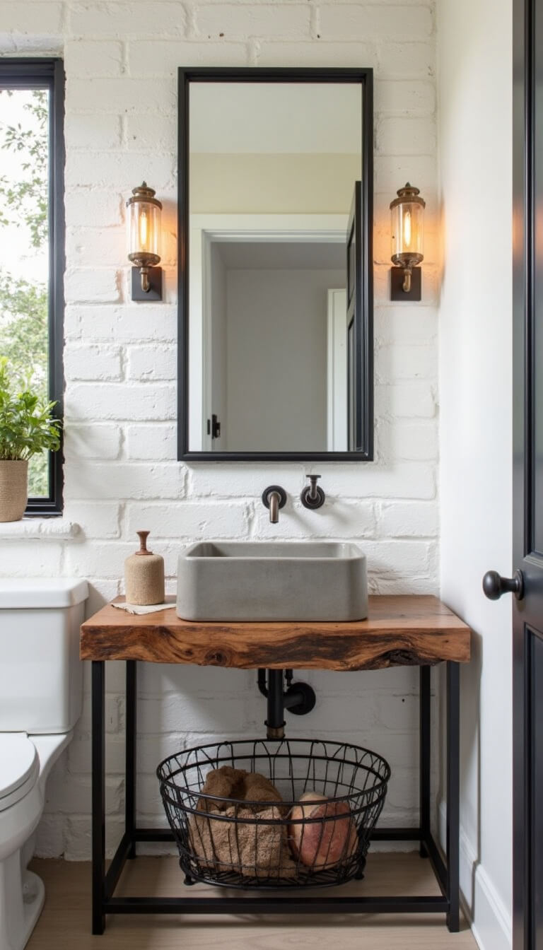 Serene powder room with concrete sink on live-edge wood vanity, black steel mirror, whitewashed brick wall, and vintage wire basket for towels.