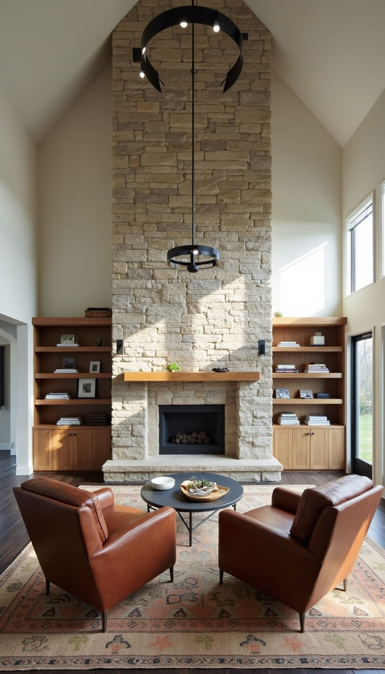 Great room with cathedral ceiling, stone fireplace, built-in oak shelves, cognac leather chairs, modern coffee table, kilim rug over sisal, and black metal chandelier.