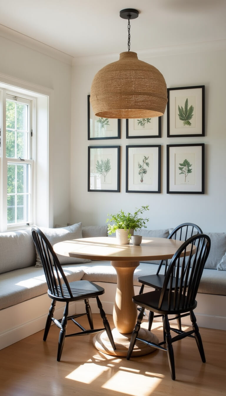 Cozy breakfast nook with linen banquette, round oak table, black Windsor chairs, botanical gallery wall, and woven pendant light in morning sunlight.