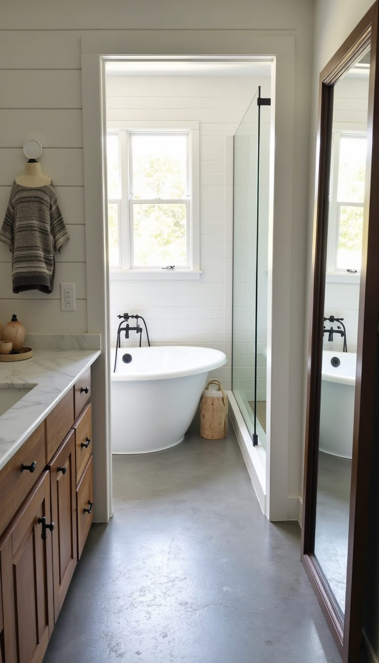 Farmhouse bathroom with freestanding tub, shiplap wall, gray hex tile floor, wood vanity, black-framed shower, and vintage ladder shelf reflected in mirror.