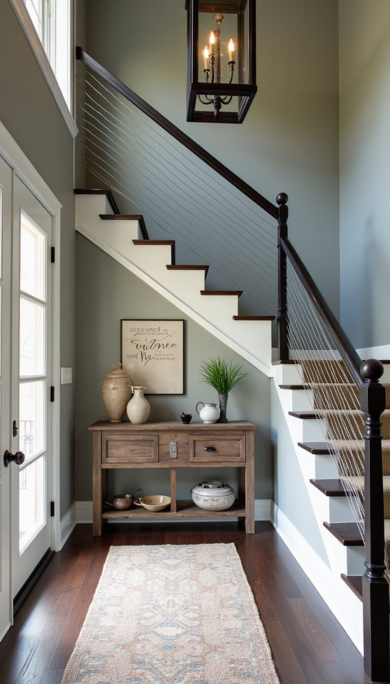 Dramatic entryway with modern cable staircase, vintage runner, oversized iron lantern, reclaimed wood console and pottery, gray walls with white trim.