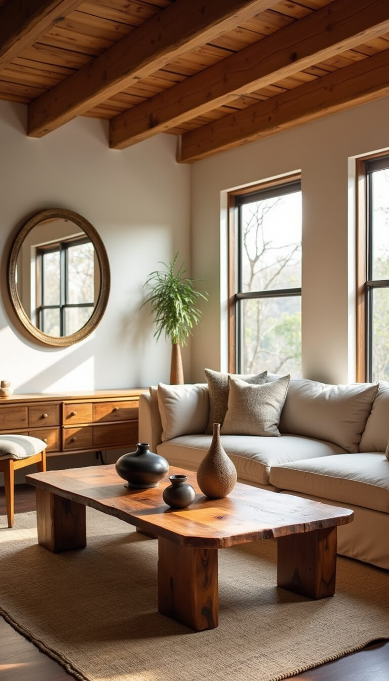 Sunlit living room with exposed wooden beams, walnut coffee table, raw linen sofa, and bronze mirror capturing warm morning light.