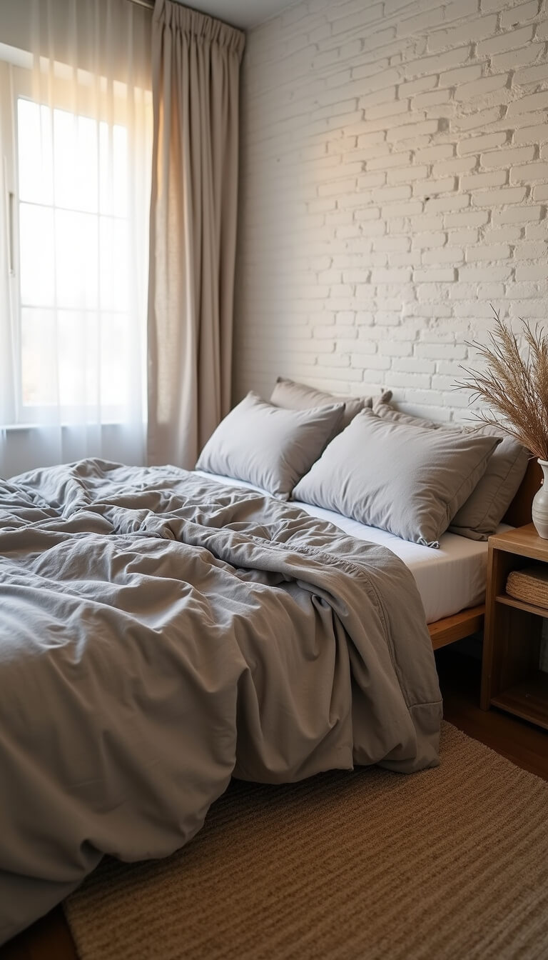 Cozy 12x14ft bedroom with whitewashed brick wall, golden hour light through sheer curtains, unmade bed in dove gray linen, jute rug, and oak side table with dried botanicals.