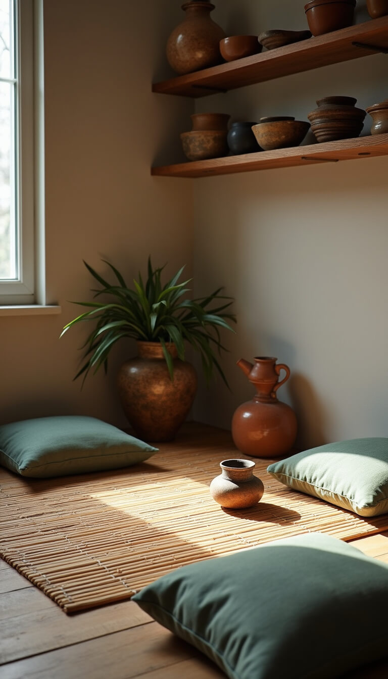 Cozy 8x10ft meditation corner with vintage bamboo mat, sage and clay floor cushions, aged copper incense holder, and wall shelf with rustic ceramics in soft afternoon light.