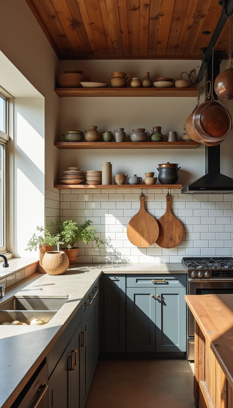 Open-concept kitchen with concrete countertops, open shelves displaying handmade pottery, worn wooden cutting boards, and hanging copper pots with patina, lit by afternoon shadows.