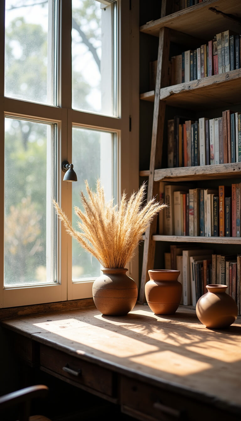 Cozy 10x12ft artist’s home office with salvaged wooden desk, handmade lamp, dried pampas grass in clay vessels, vintage ladder displaying worn books, and soft daylight from a north-facing window.