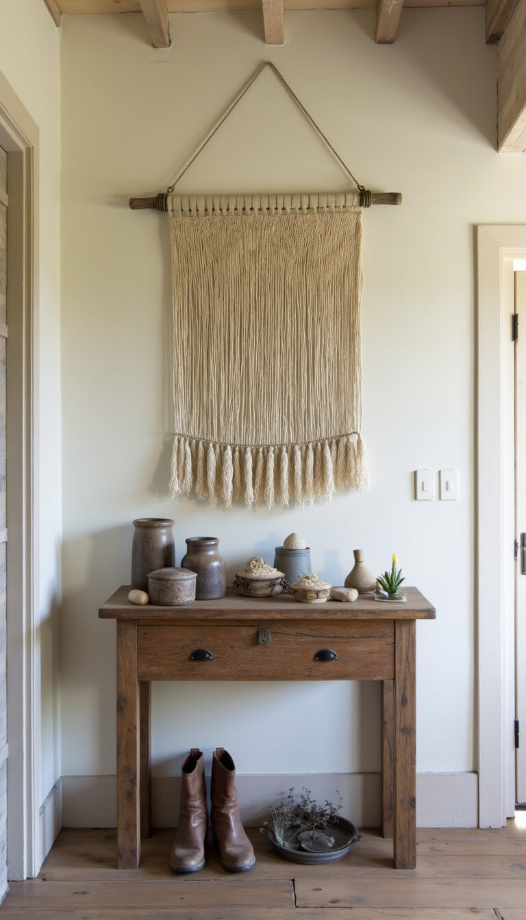 Serene 6x8ft entryway with lime-washed walls, antique console displaying natural objects, handwoven wall hanging, and worn leather boots below.