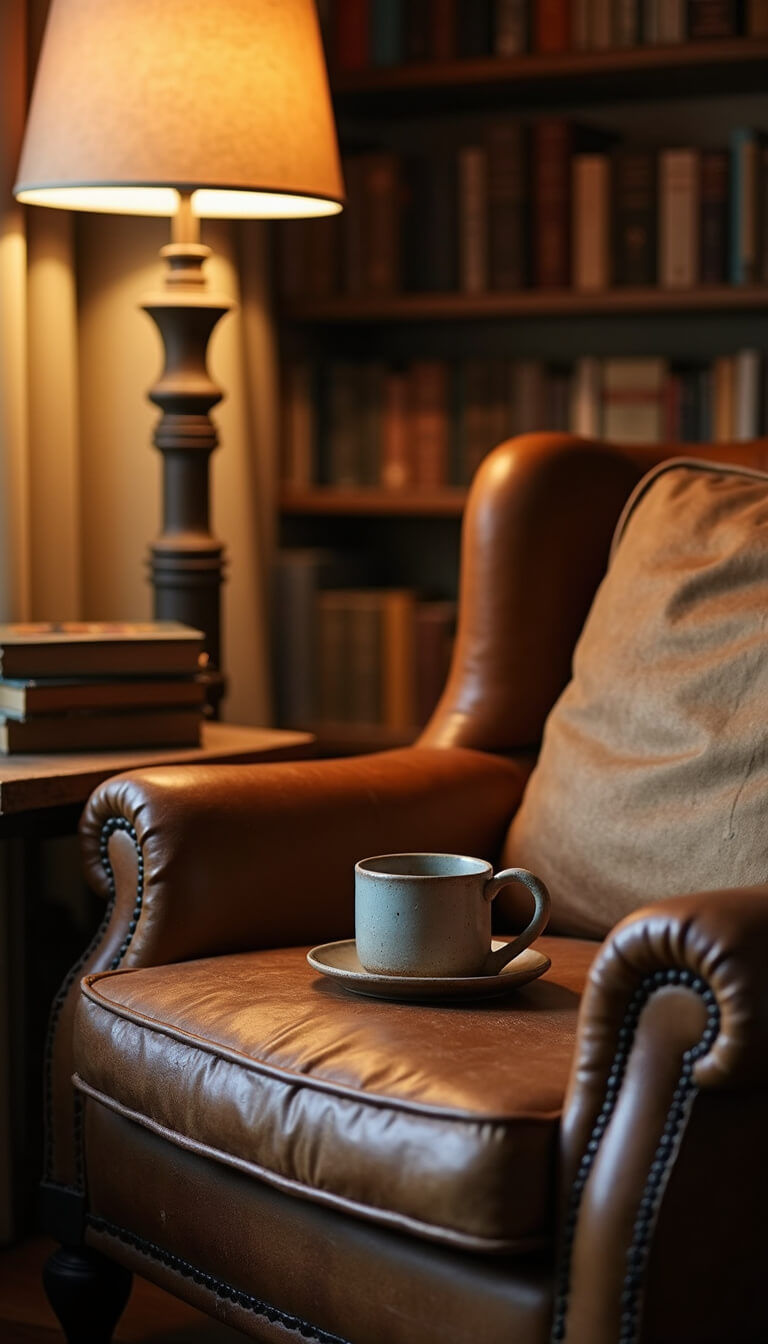 Close-up of weathered leather armchair in cozy reading nook with warm ambient lighting, vintage books, ceramic mug on reclaimed wood table, and soft paper-shaded floor lamp.