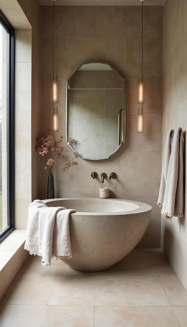 Modern 16x18ft bathroom with concrete sink, handmade tiles, vintage brass fixtures, and undyed linen towels in natural light.