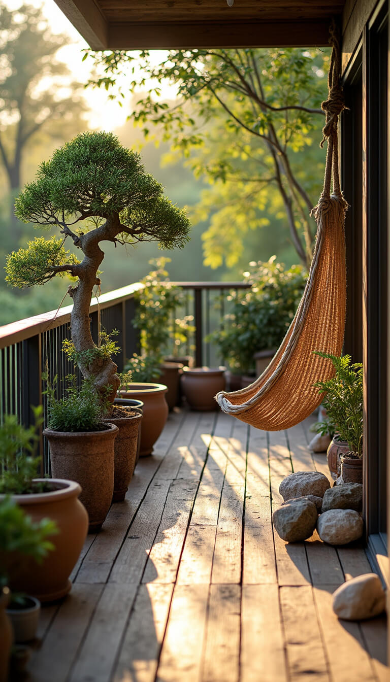 Weathered wooden balcony with bonsai in ceramic planters, aged rope hammock, stone collection, and golden hour sunlight highlighting earthy tones.