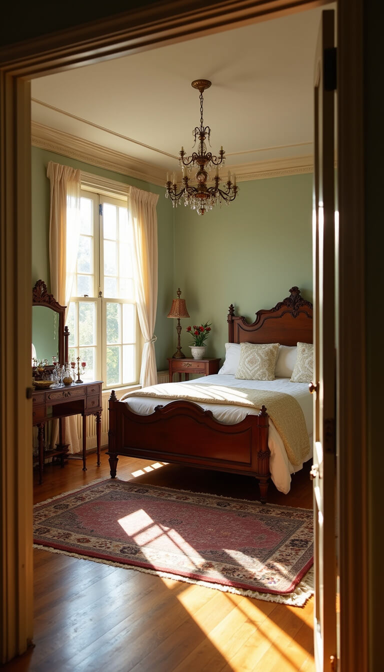 Victorian-style bedroom with carved mahogany bed, antique furnishings, warm afternoon light, and vintage decor.