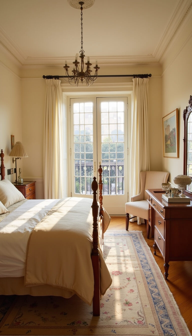 Golden hour light fills a pre-war Manhattan bedroom with heritage cream walls, an Edwardian sleigh bed in burled walnut, silk champagne bedding, silver vanity items, herringbone wood floors, and an antique Aubusson rug.