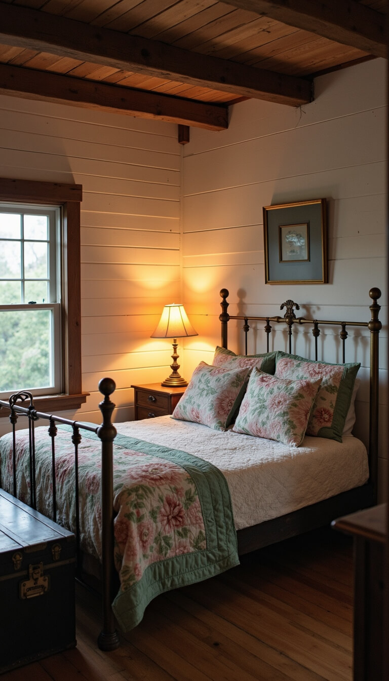 Cozy 10x12ft cottage bedroom at dusk with white plank walls, dark chestnut furniture, brass bed with vintage floral quilts, glowing converted oil lamp, and weathered trunk nightstand beneath exposed ceiling beams.