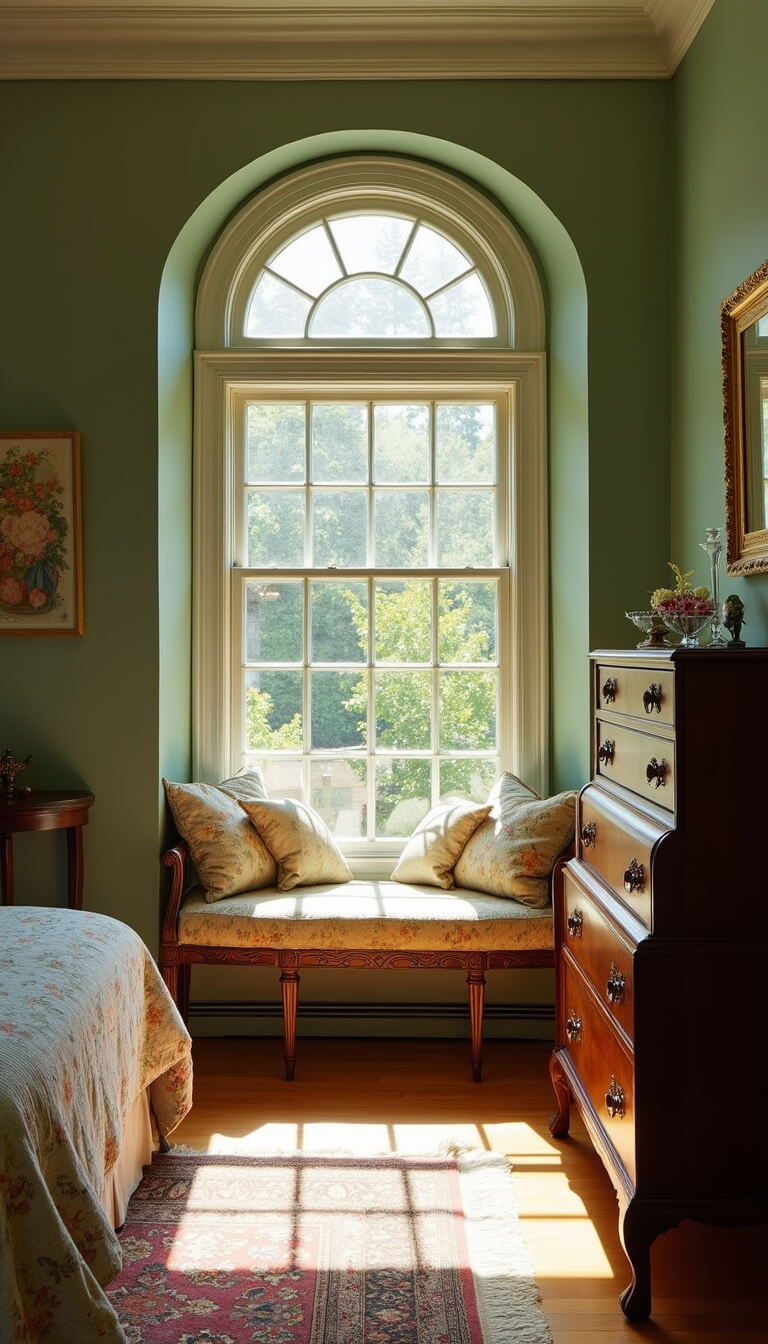 Sunlit sage green bedroom with bay window nook, vintage tapestry window seat, mahogany Queen Anne highboy, gilt mirrors, and crystal prisms reflecting late afternoon light.