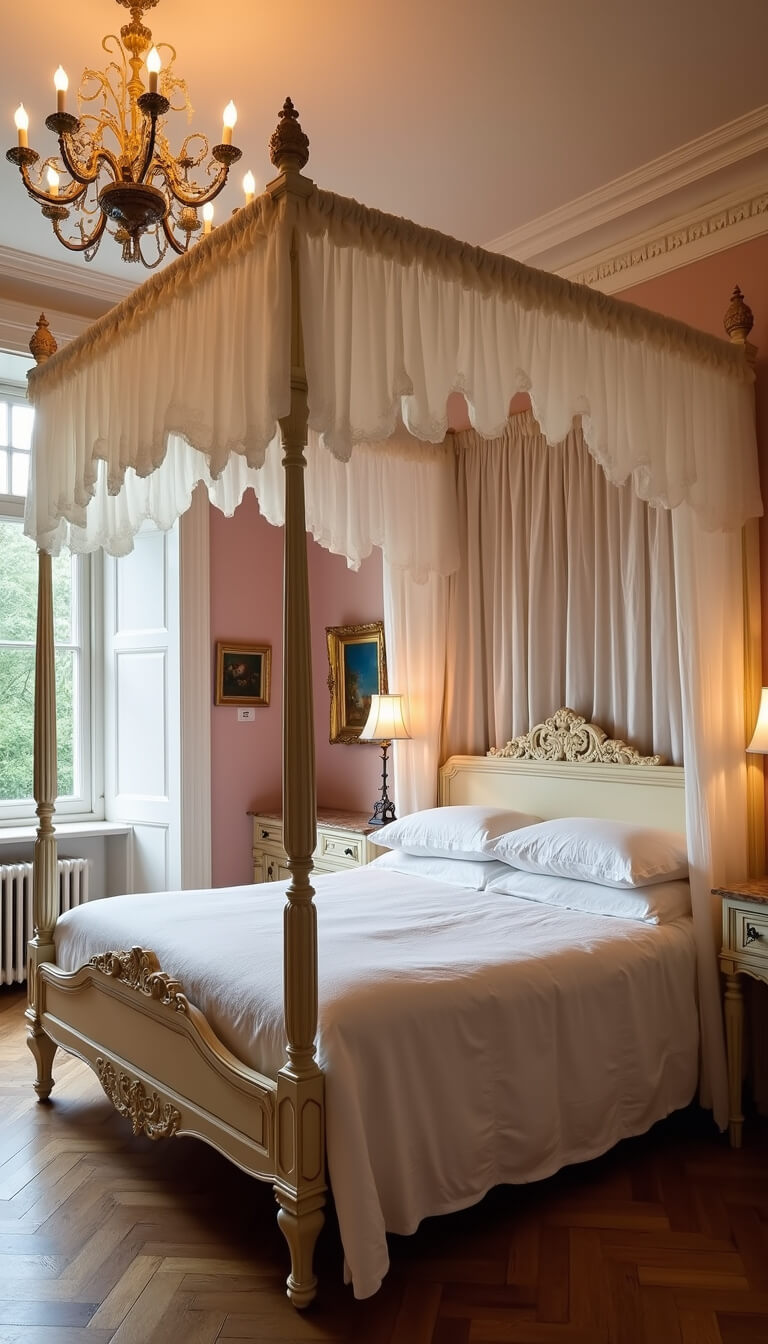 Romantic 13x14ft blush pink bedroom at twilight with tester bed draped in ivory silk, vintage oil paintings, French provincial dresser, and dimmed chandelier.