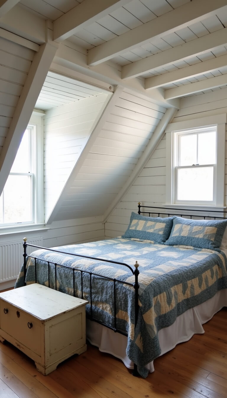 Attic bedroom with sloped ceilings, cast iron bed, vintage quilts, dormer windows with morning light, exposed beams, and painted wooden chest with ceramic knobs.