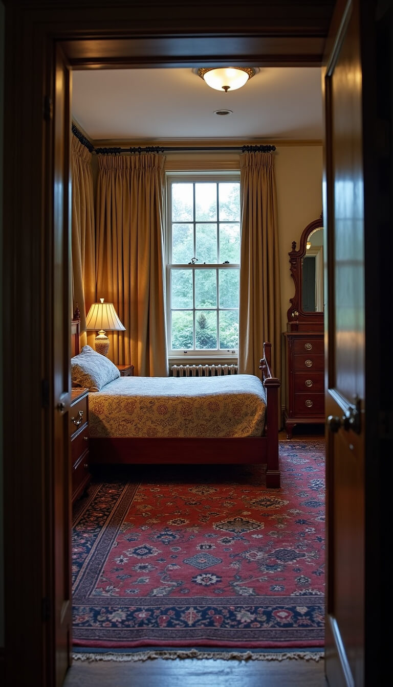 Empire-style mahogany bed centered in 14x16ft bedroom with gold damask curtains, Eastlake dresser with mirror, and oriental rug, photographed during blue hour.
