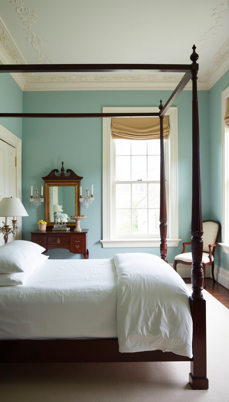 Bright 15x17ft corner bedroom with four-poster bed, vintage decor, pale blue walls, and Chippendale desk near window.