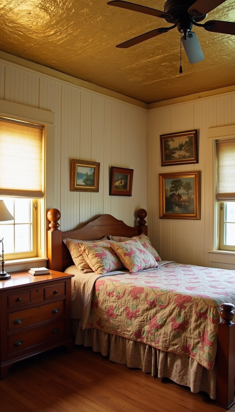Cozy guest bedroom with honey pine Jenny Lind bed, homespun quilts, cream beadboard walls, tin ceiling, and gold-framed oil paintings at sunset.