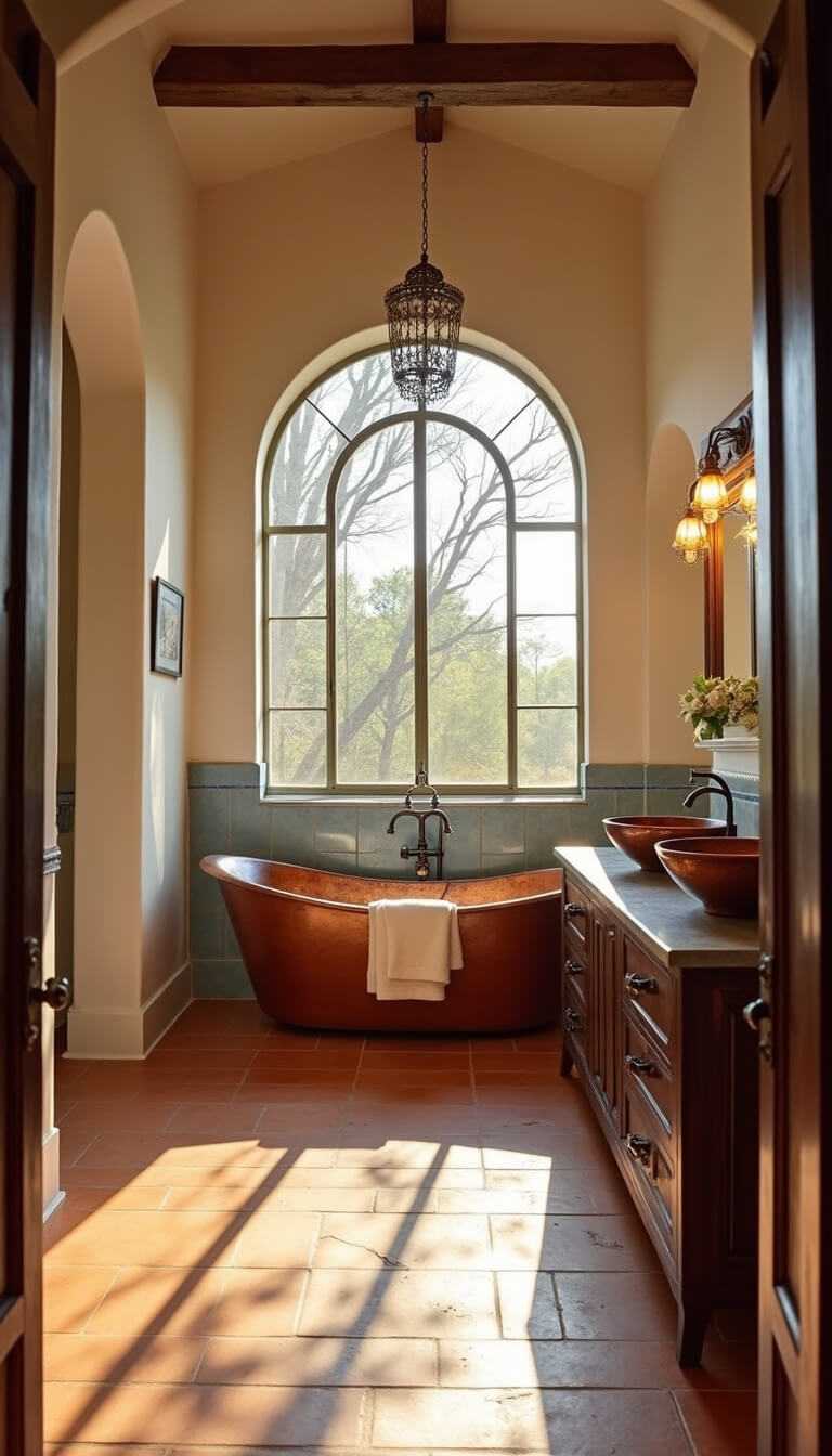 Mediterranean master bathroom with terracotta floors, copper soaking tub, arched window lighting, dark wood vanity, and blue-and-white tile feature wall.