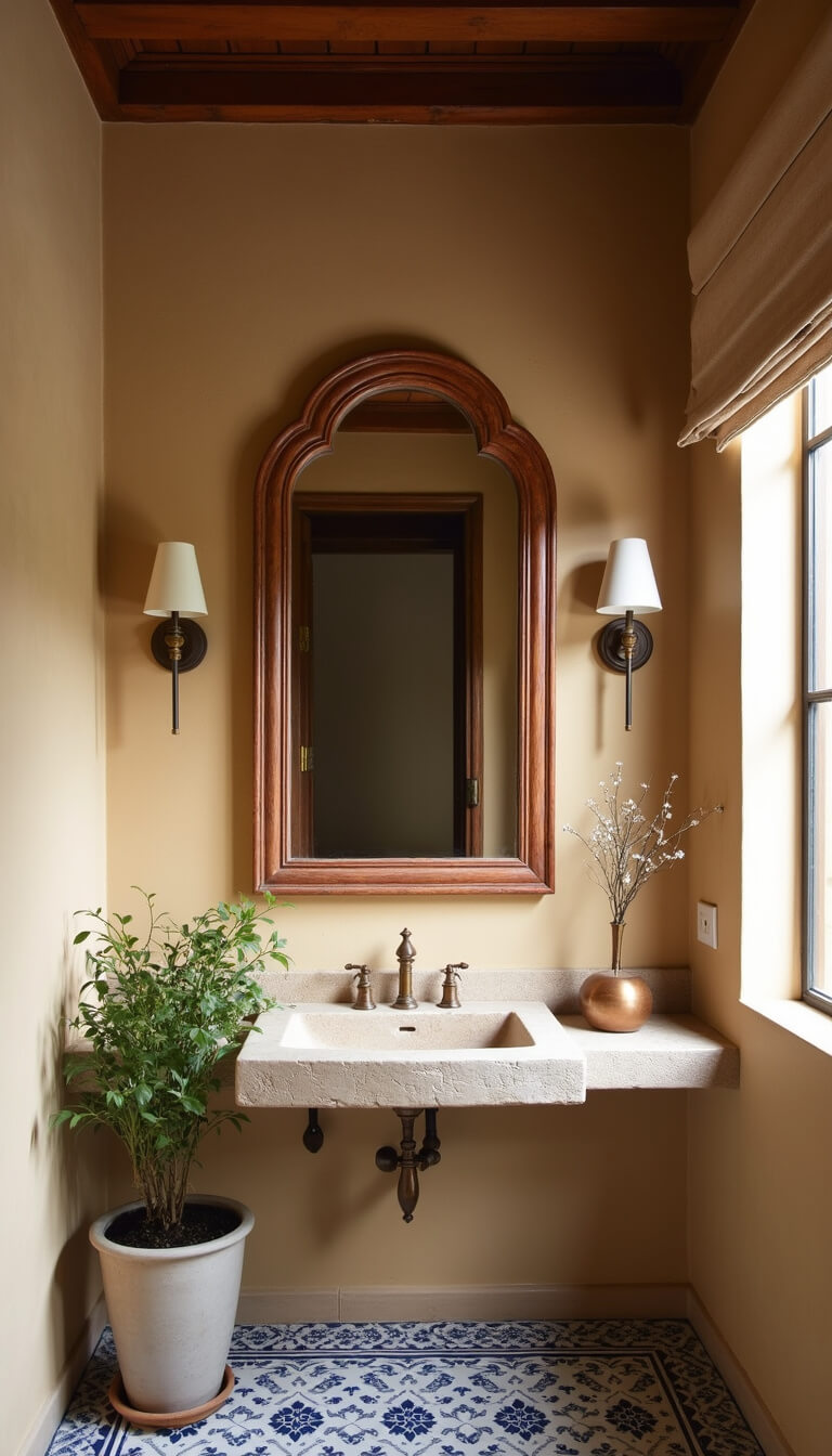 Low-angle view of a cozy Mediterranean-style powder room with a large carved wooden mirror, floating stone sink, warm textured plaster walls, vintage brass sconces, and blue-and-white ceramic tile floor.