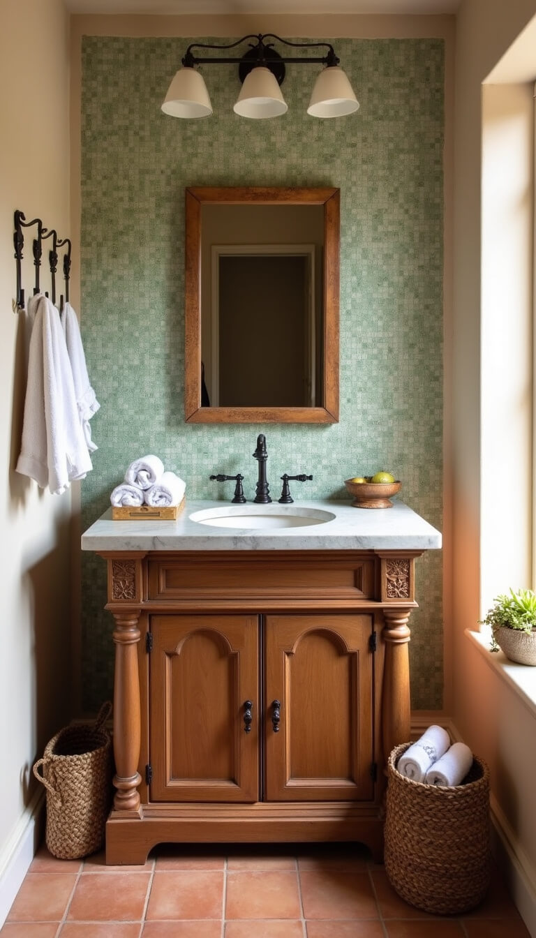 Cozy 6x8ft guest bathroom with rustic wooden vanity, seafoam green zellige tile accent wall, limestone countertop, terracotta floor tiles, woven basket with white towels, and wrought iron hooks holding Turkish robes.