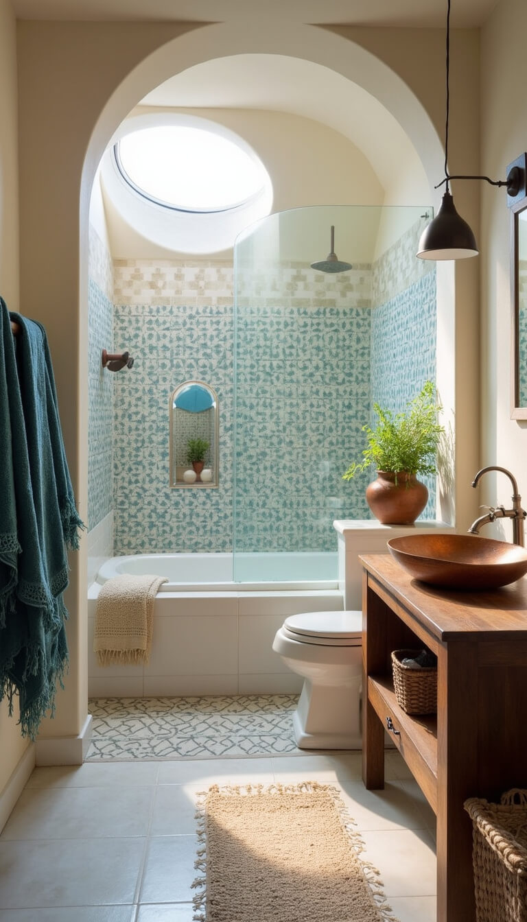 Sunlit master bath with dome skylight, curved tiled shower, floating vanity with copper sink, and Turkish towels.