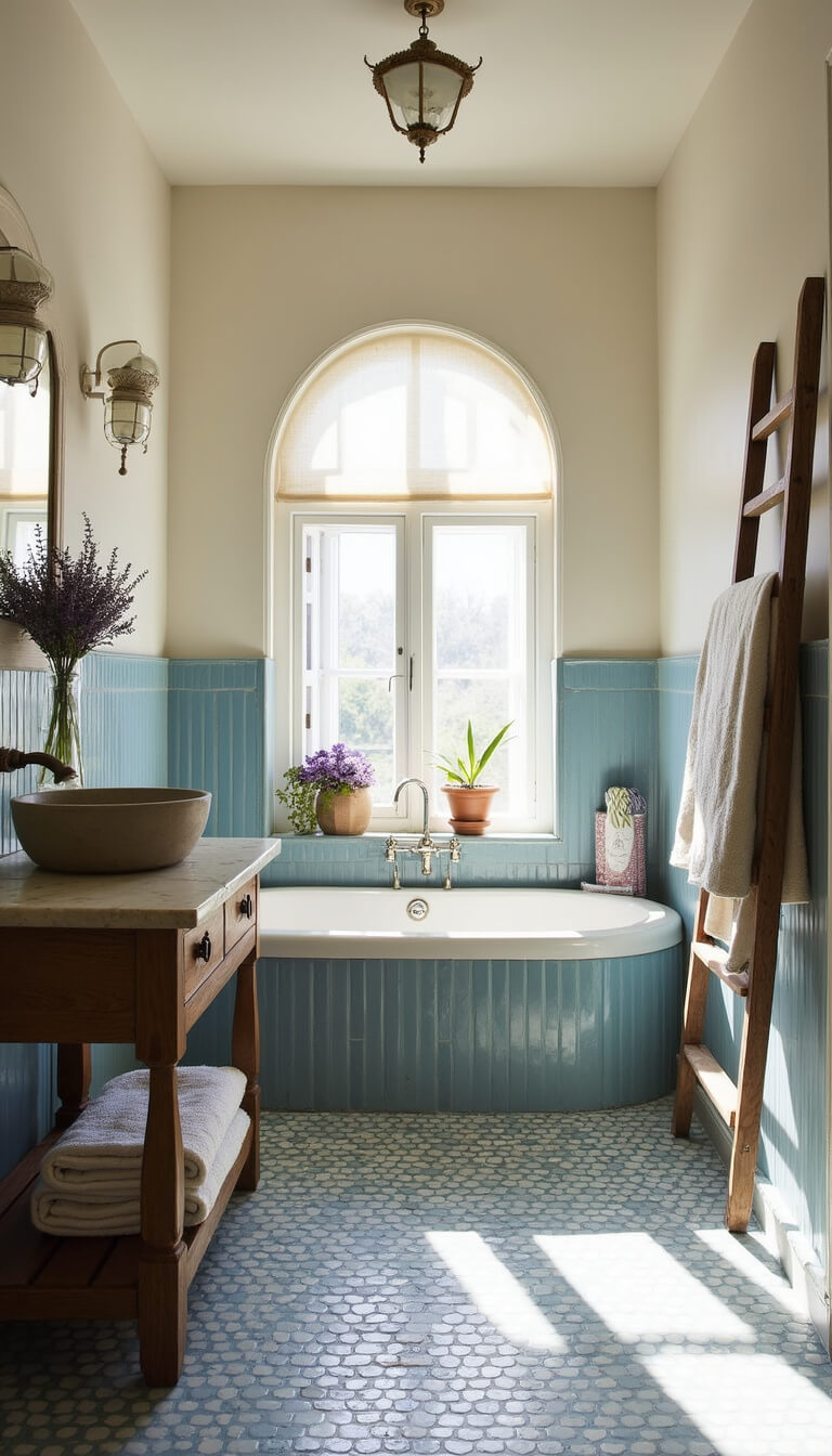 Sunlit 9x11ft bathroom with arched window, sheer curtains, blue tile wainscoting, vintage ladder with towels, stone sink on rustic console, and potted lavender.