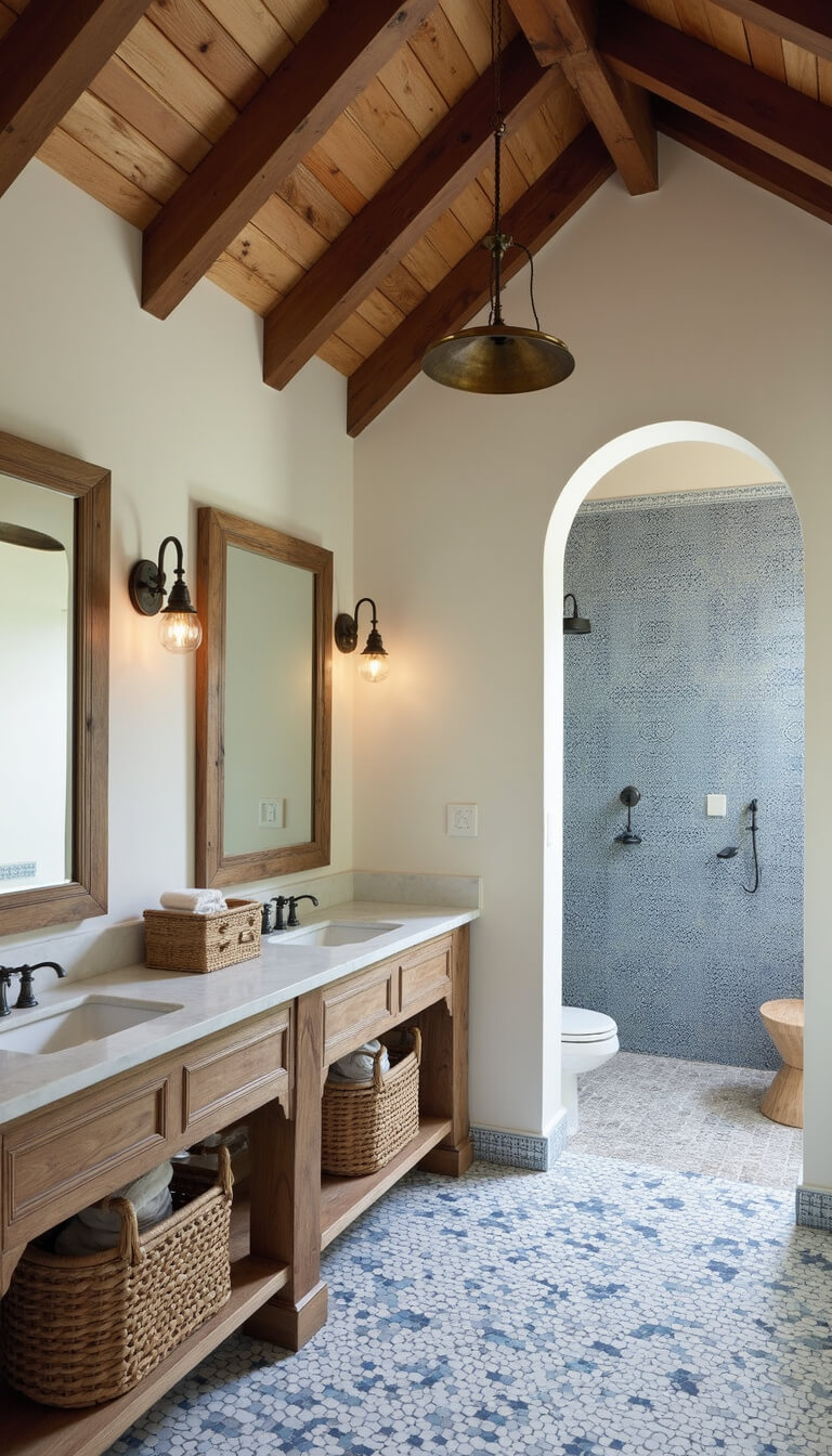 Elegant 16x18ft master bath with vaulted ceiling, exposed wooden beams, double weathered oak vanity with marble top, Moroccan brass pendant lights, blue zellige tiled shower, and woven linen baskets.