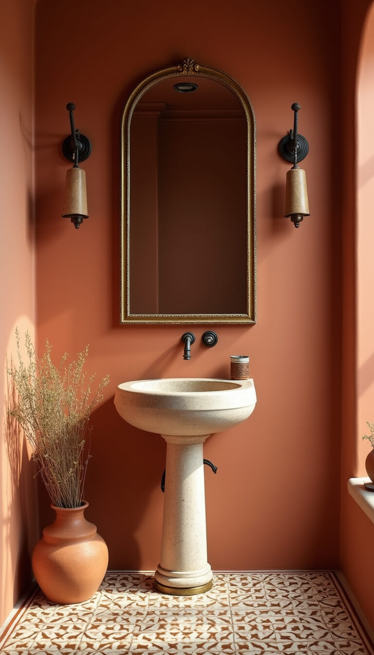 Close-up of warm terracotta plaster powder room with floating stone sink, arched brass mirror, geometric ceramic floor tiles, wrought iron sconces, and clay vessels with dried herbs.