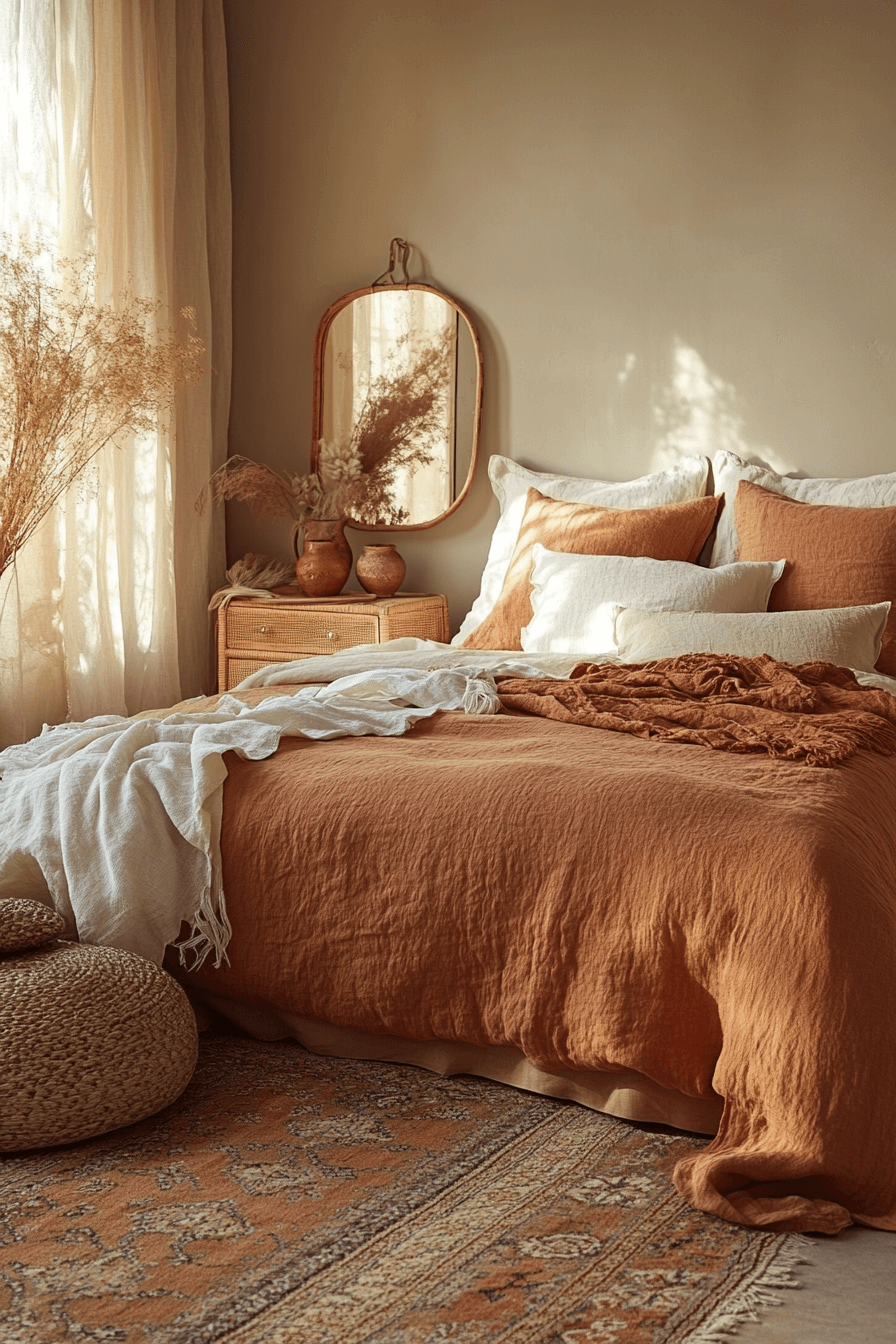 Minimalist interior with warm terracotta and rust color palette, sculptural furniture against dark taupe walls, creating a moody yet sunset-inspired living space