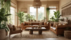 "Sunlit afrohemian living room with cognac leather sofa, mud cloth pillows, carved wood coffee table, rattan lights, macrame, trailing plants and warm earthy tones"