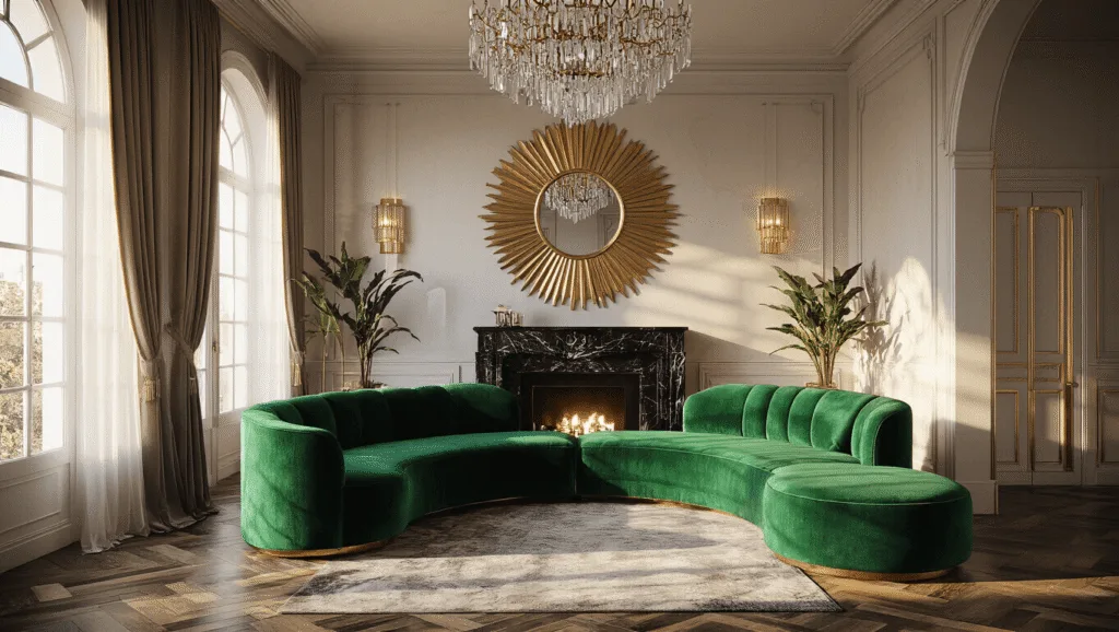 "Art Deco living room with emerald velvet sofa, sunburst mirror, herringbone floor, and brass accents in golden hour light"