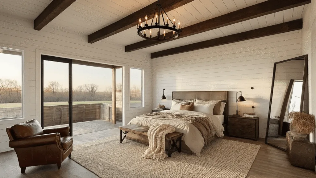 "Modern rustic barndominium master bedroom with high vaulted ceilings, king bed, and earth-toned decor bathed in golden light."