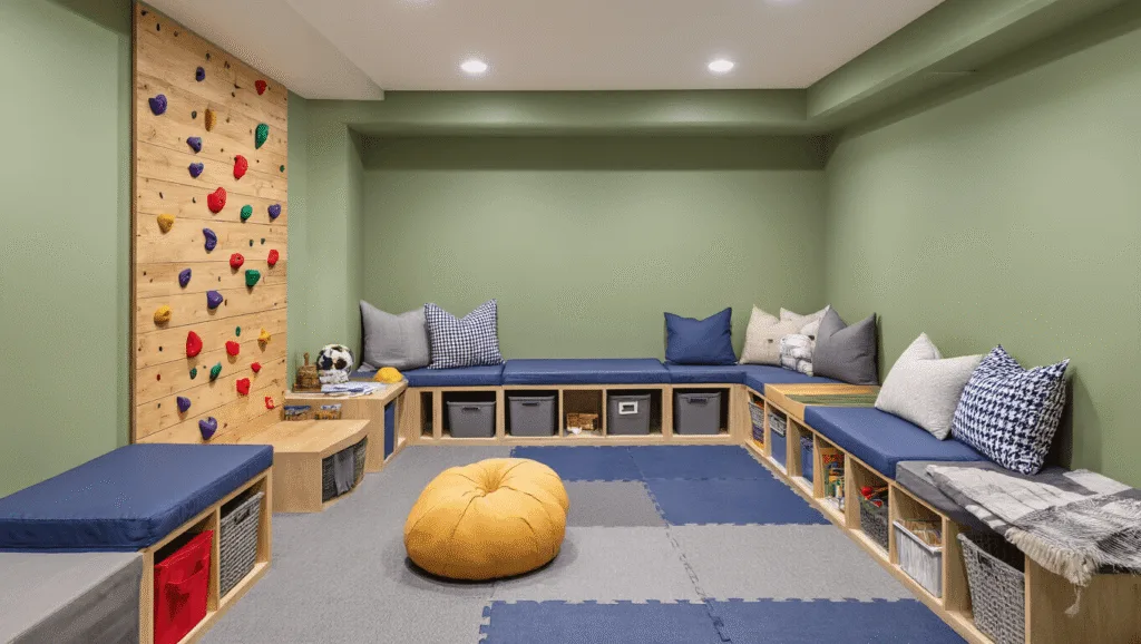 "Colorful basement playroom with a climbing wall, reading nook, craft area, and soft LED lighting"