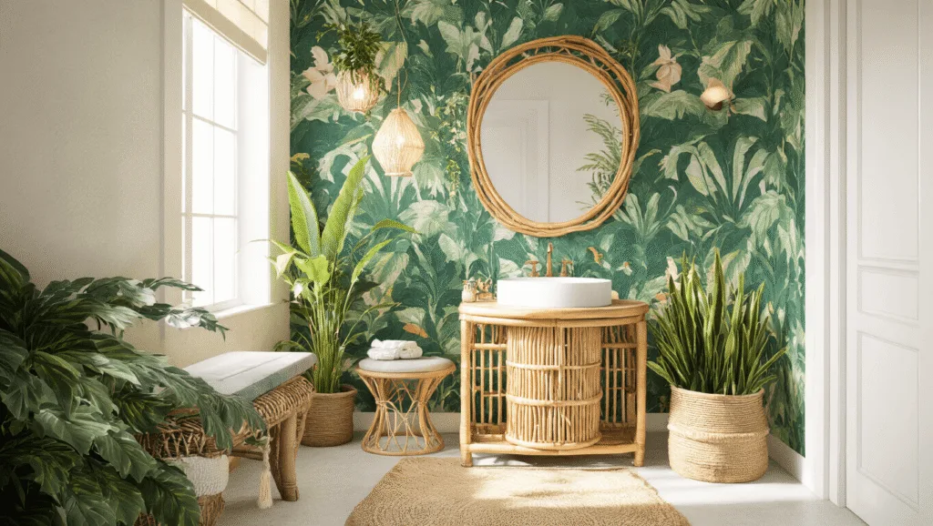 "Sunlit bohemian bathroom with emerald tropical wallpaper, rattan mirror, pedestal sink, plants, and warm ambient lighting"