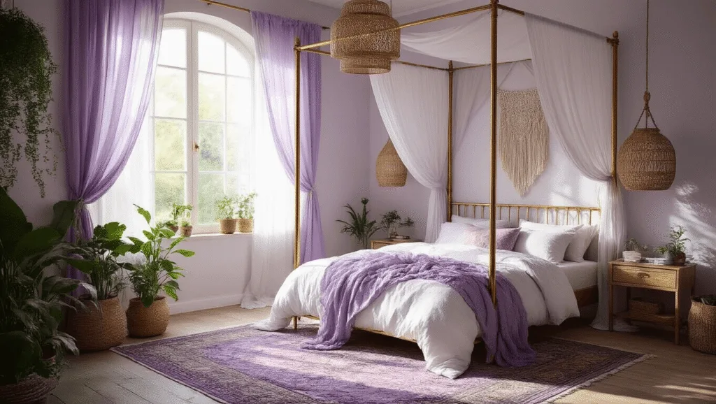 "Sunlit boho bedroom with brass canopy bed, white and lavender linens, vintage Persian rug, macramé wall hangings, plants and rattan pendant lamp, sheer purple curtains casting soft light"