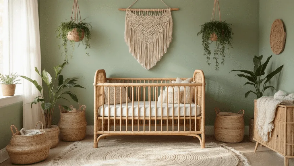 "Boho nursery with rattan crib, macramé wall hanging, vintage rugs, hanging plants, and golden light filtering through sheer curtains on sage green walls"