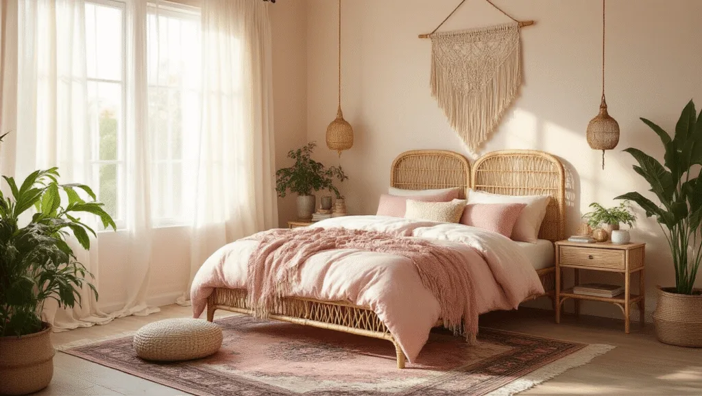 "Boho-style bedroom with rattan bed, blush pink bedding, macramé wall hanging, and potted plants, bathed in golden sunlight"