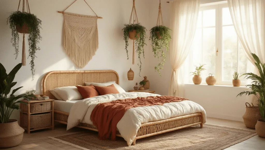 "Bohemian bedroom with rattan bed, macramé wall hangings, hanging plants, Moroccan textiles, brass accents, and warm sunlight filtering through sheer curtains."