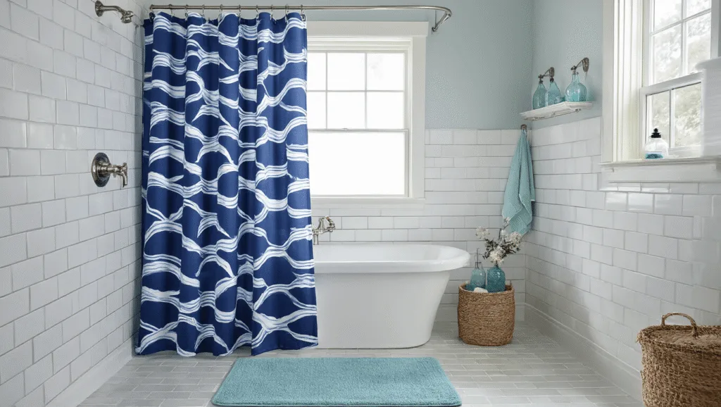 "Coastal bathroom interior with navy blue wave-patterned shower curtain, white subway tiles, seafoam bath mat, and sea glass accents lit by natural light"