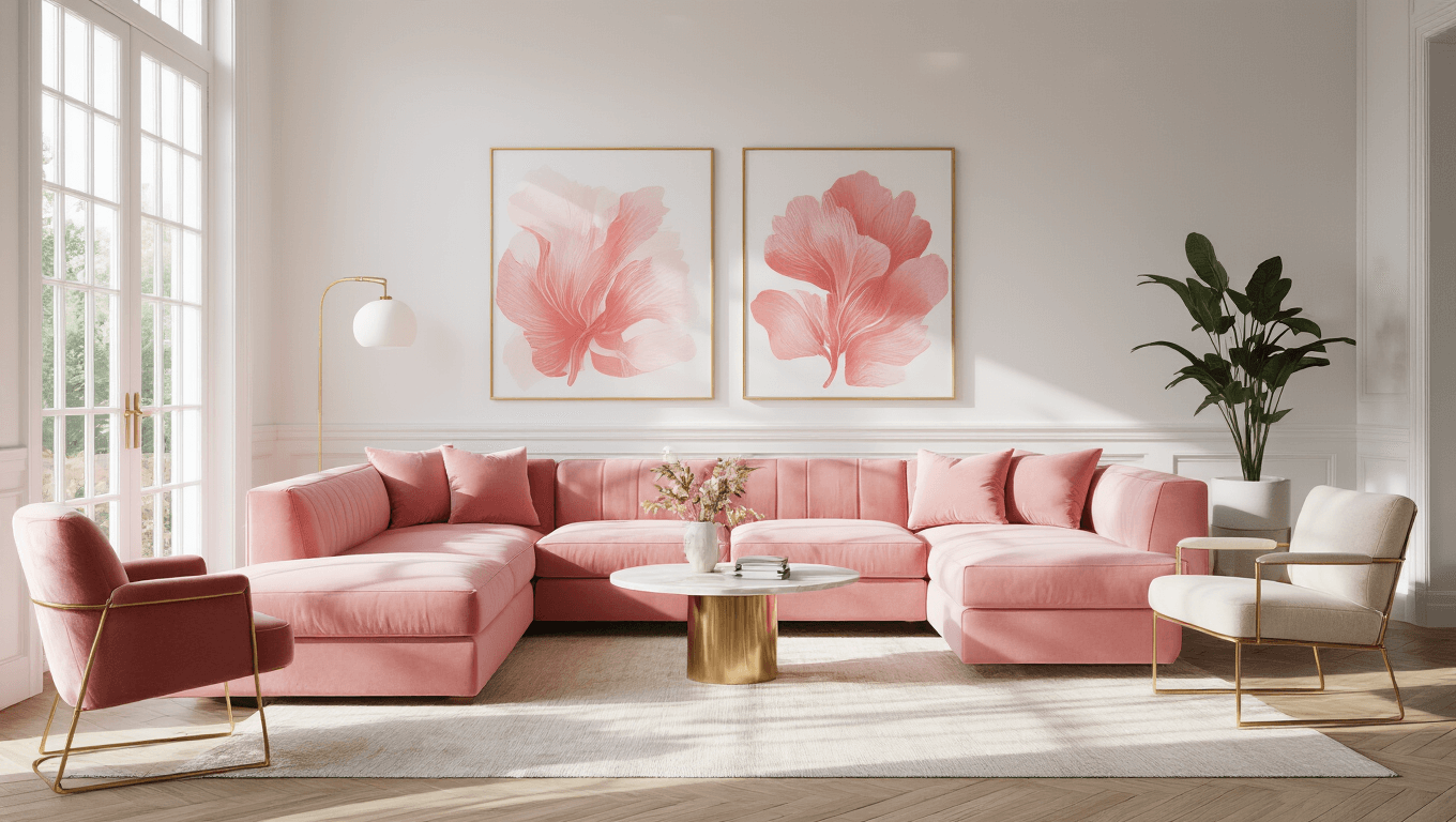 "Contemporary living room with blush pink velvet sofa, brass accents, white oak flooring and coral artwork on walls, basked in natural sunlight"